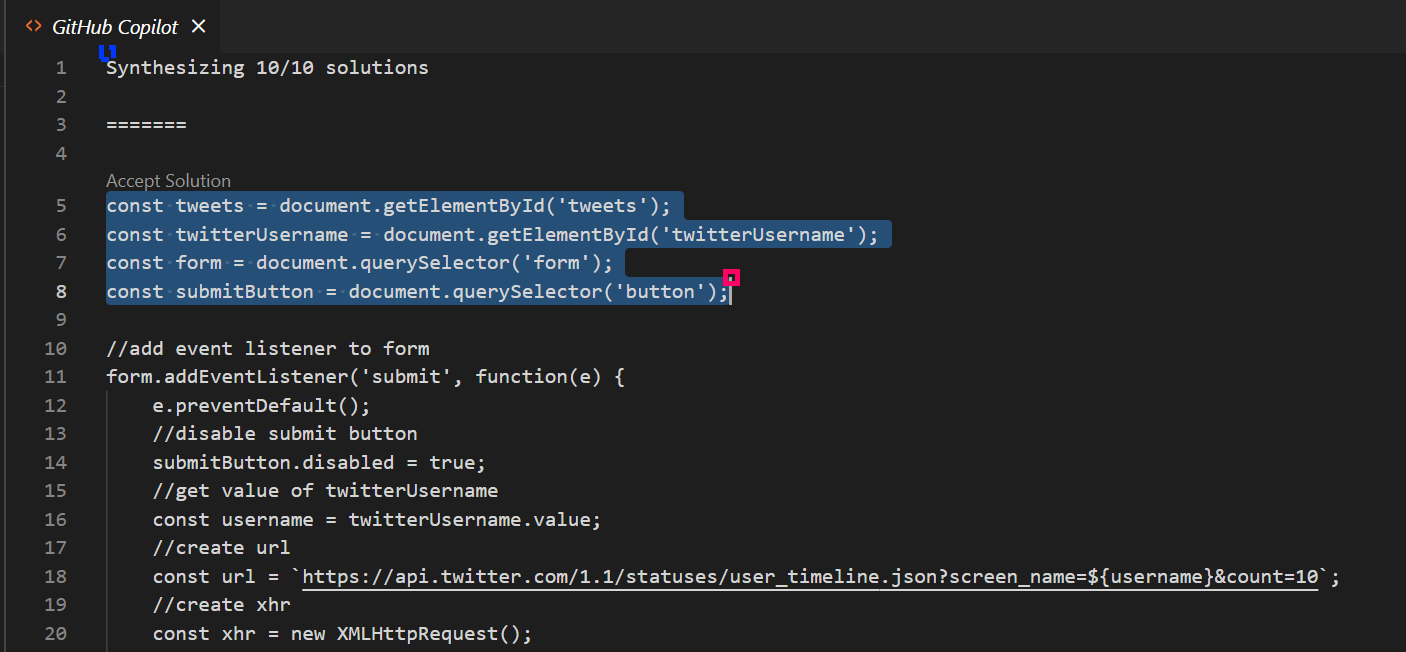 Copilot suggestions document showing four selected lines: variable definitions for the tweets list, input field, form, and submit button