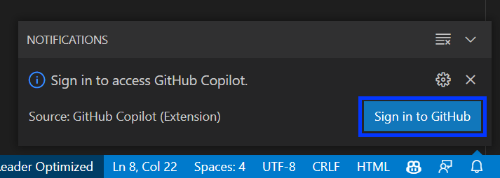 Sign-in notification at the bottom of the screen with a Sign in to GitHub button