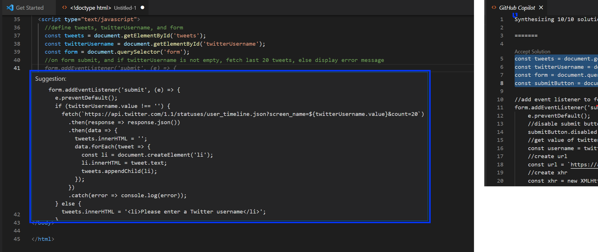 Copilot suggestions appearing after the comment