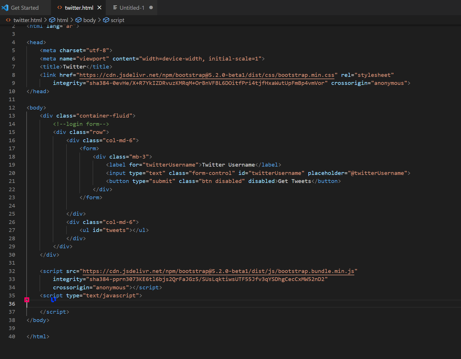 HTML page code with a form containing a username input and a fetch tweets button